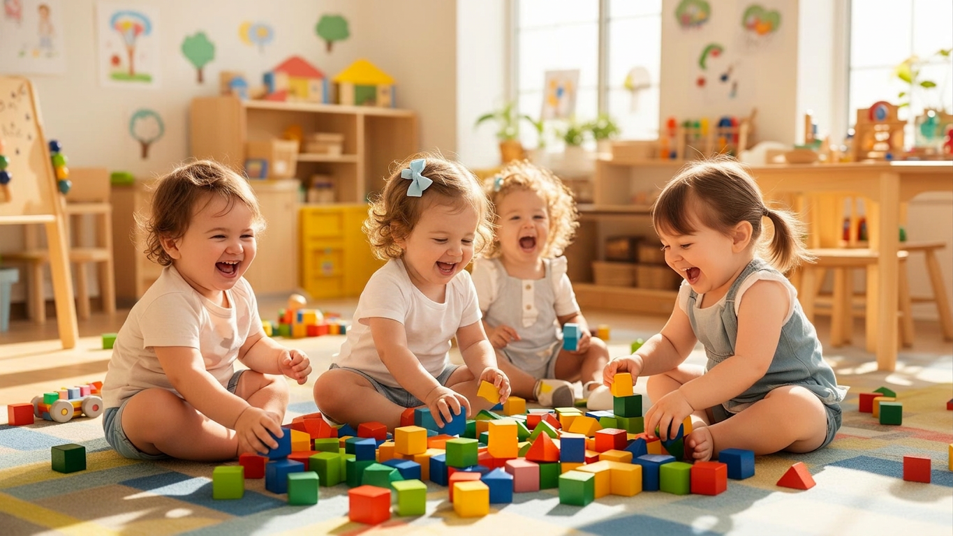 ילדים שמחים משחקים בקוביות צבעוניות במעון מואר